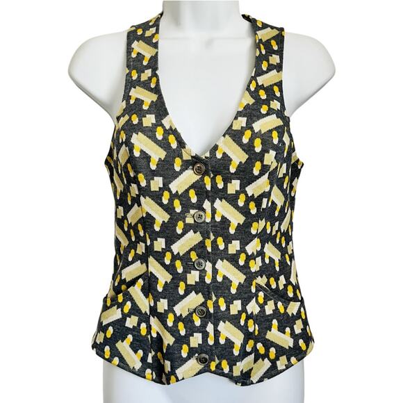 Vintage 70s Geometric Gray Yellow White Button Up Vest Top Tank size S V-Neck - Picture 1 of 6